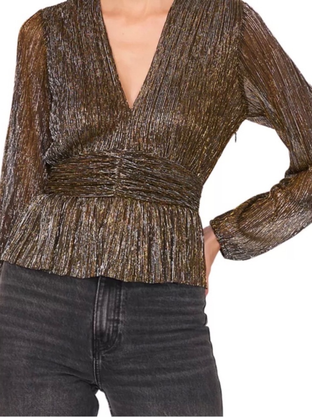Parker NY Metallic Gold Black Plisse Peplum V-Neck Blouse Top Size Medium